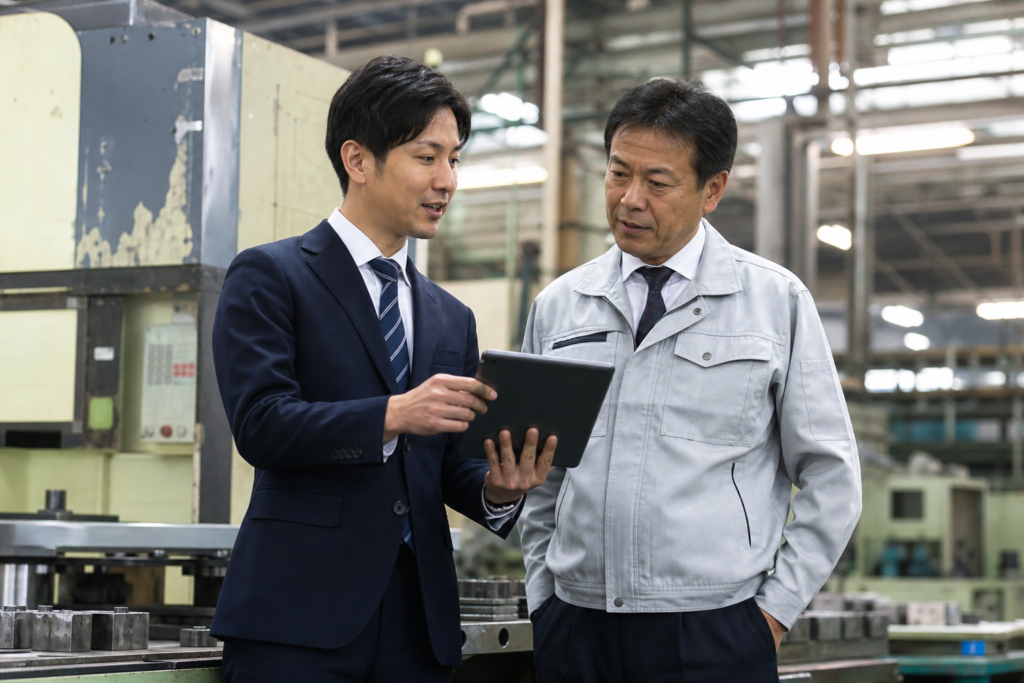 製造現場でAI導入を提案するベンダー担当者と経営者