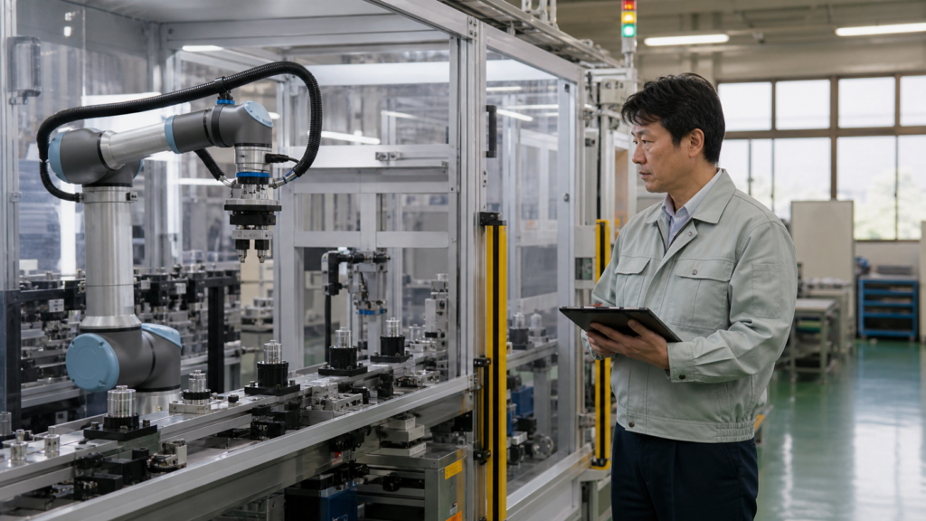 奈良県の製造工場で自動化設備を点検する工場責任者