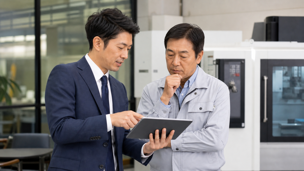 工場で設備導入計画を説明する機械販売担当者