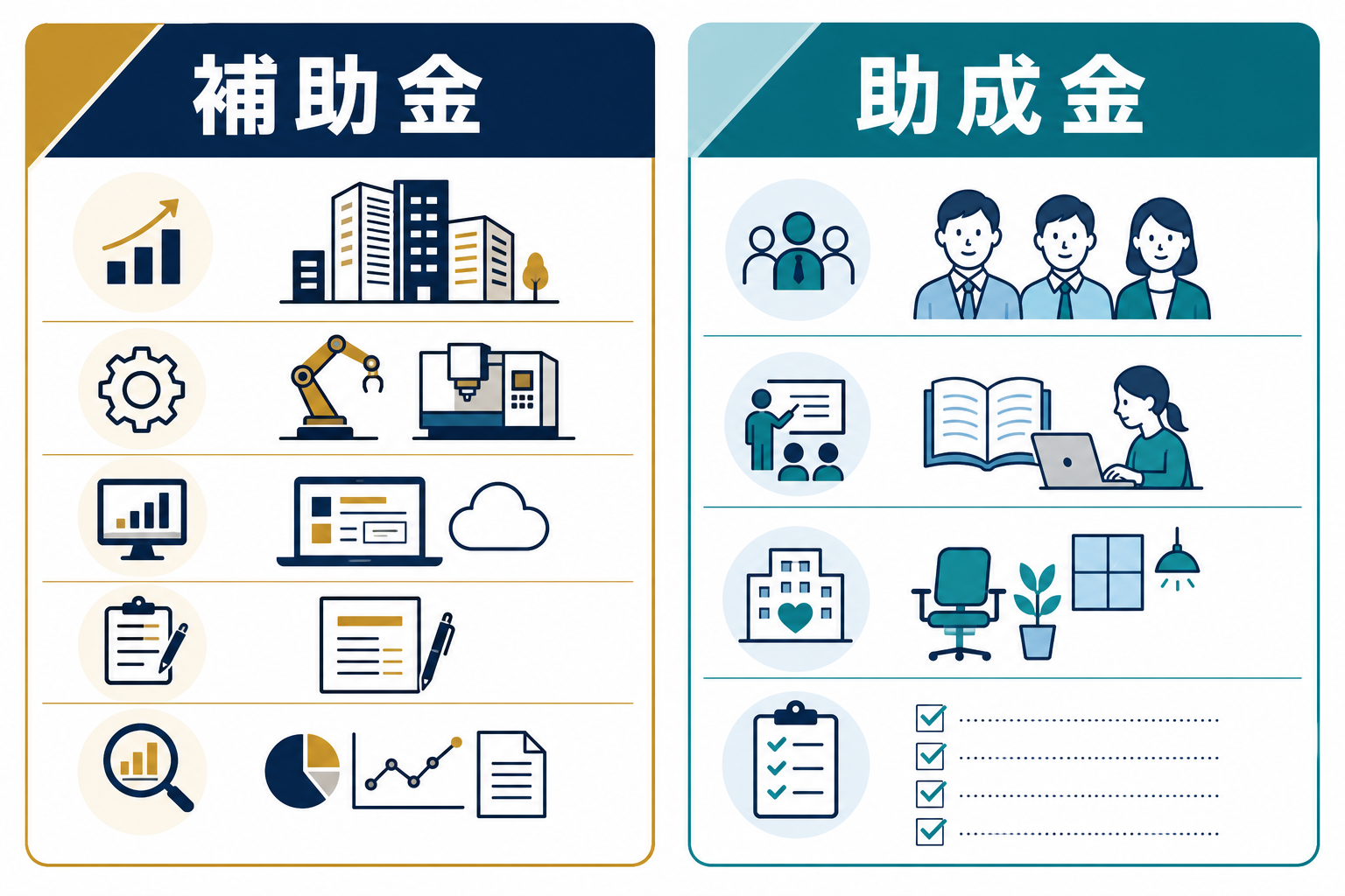補助金と助成金の主な違いを左右で示した図解