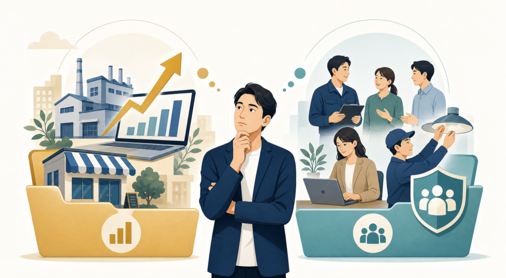 補助金による事業投資と助成金による雇用支援を比較するイメージ