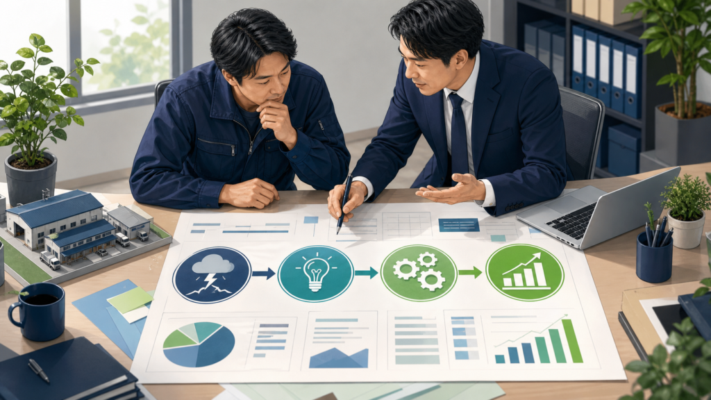 課題・解決策・実行計画・成果を整理して事業計画書を作る中小企業